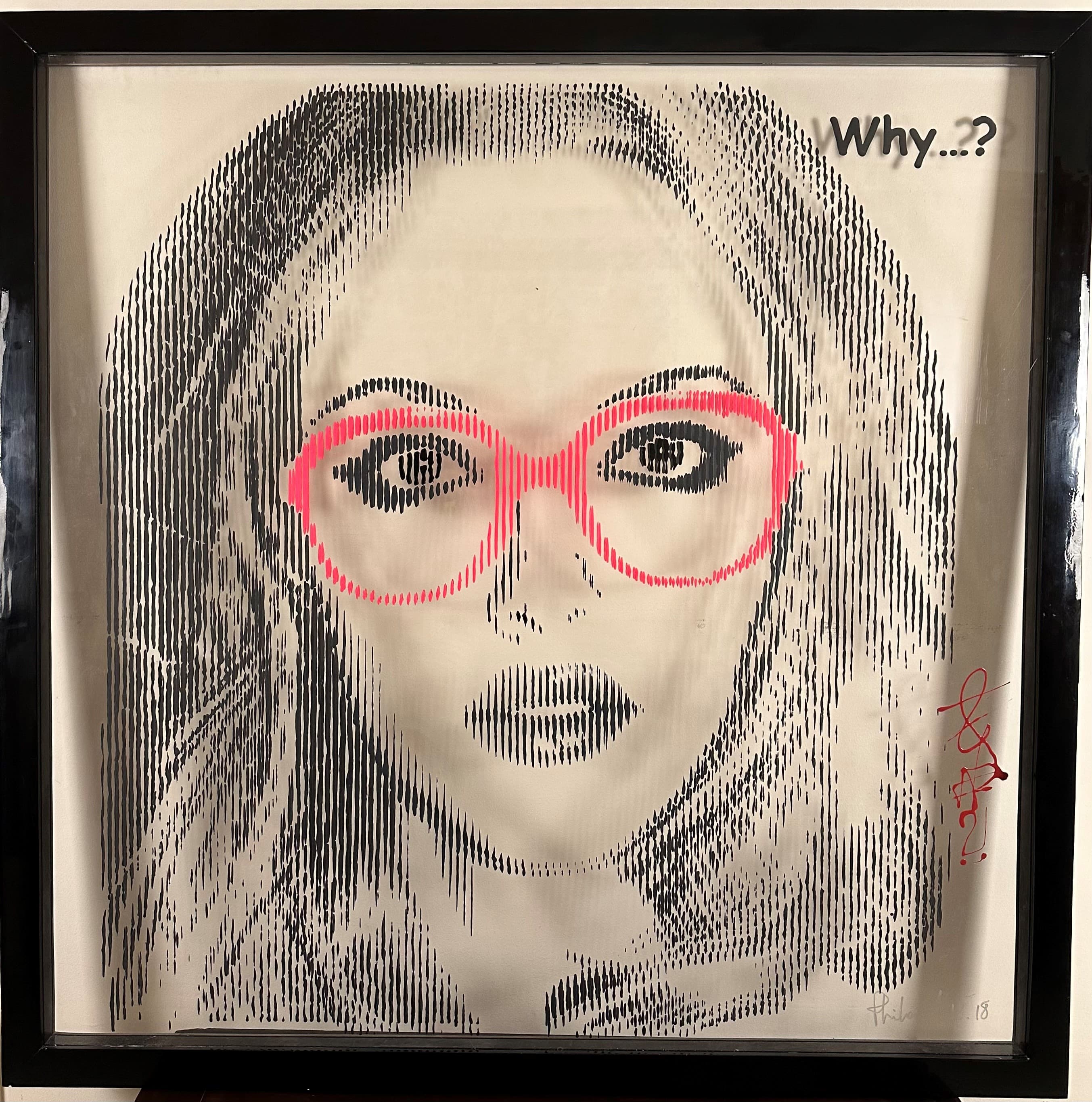 Amanda Seyfried’s eyes behind pink glasses in Why…?, layered kinetic art on plexiglass by Fabian PhiL