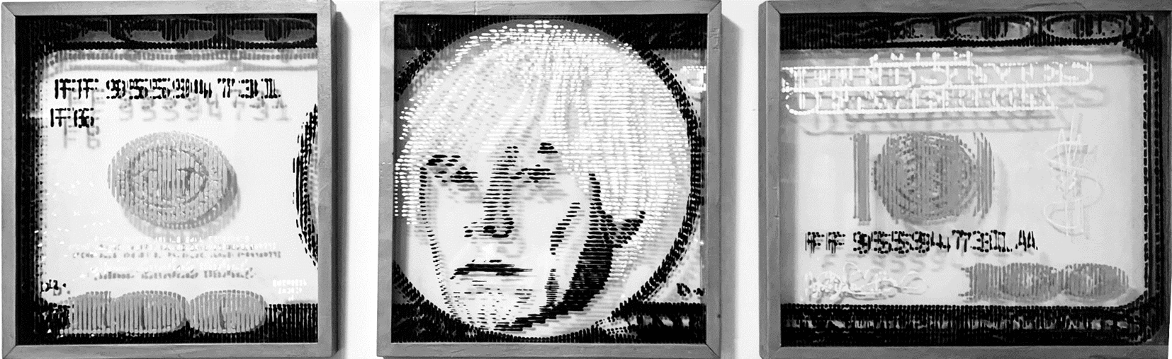 Andy Warhol portrait integrated into a 100 dollar bill triptych by Fabian PhiL