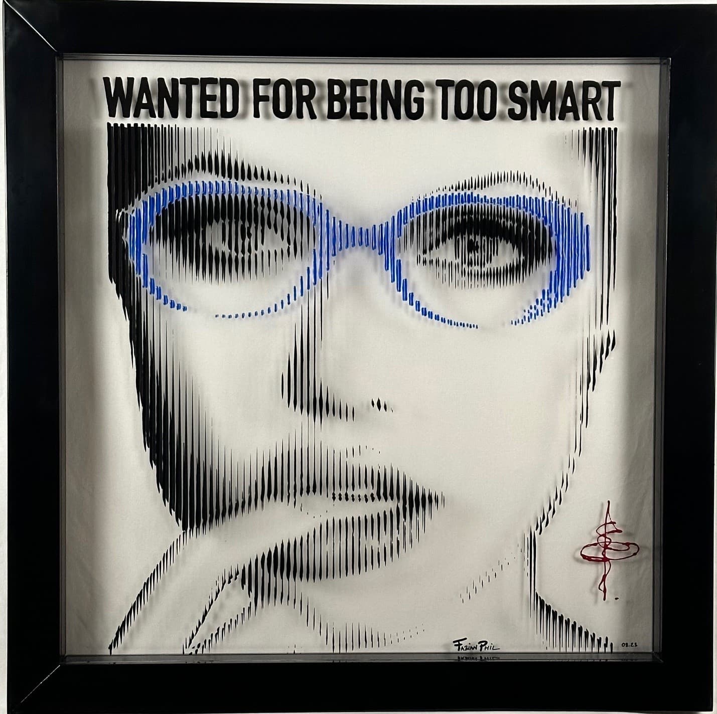 Angelina Jolie with a finger to her lips and blue glasses in Wanted for Being Too Smart, pop art by Fabian PhiL