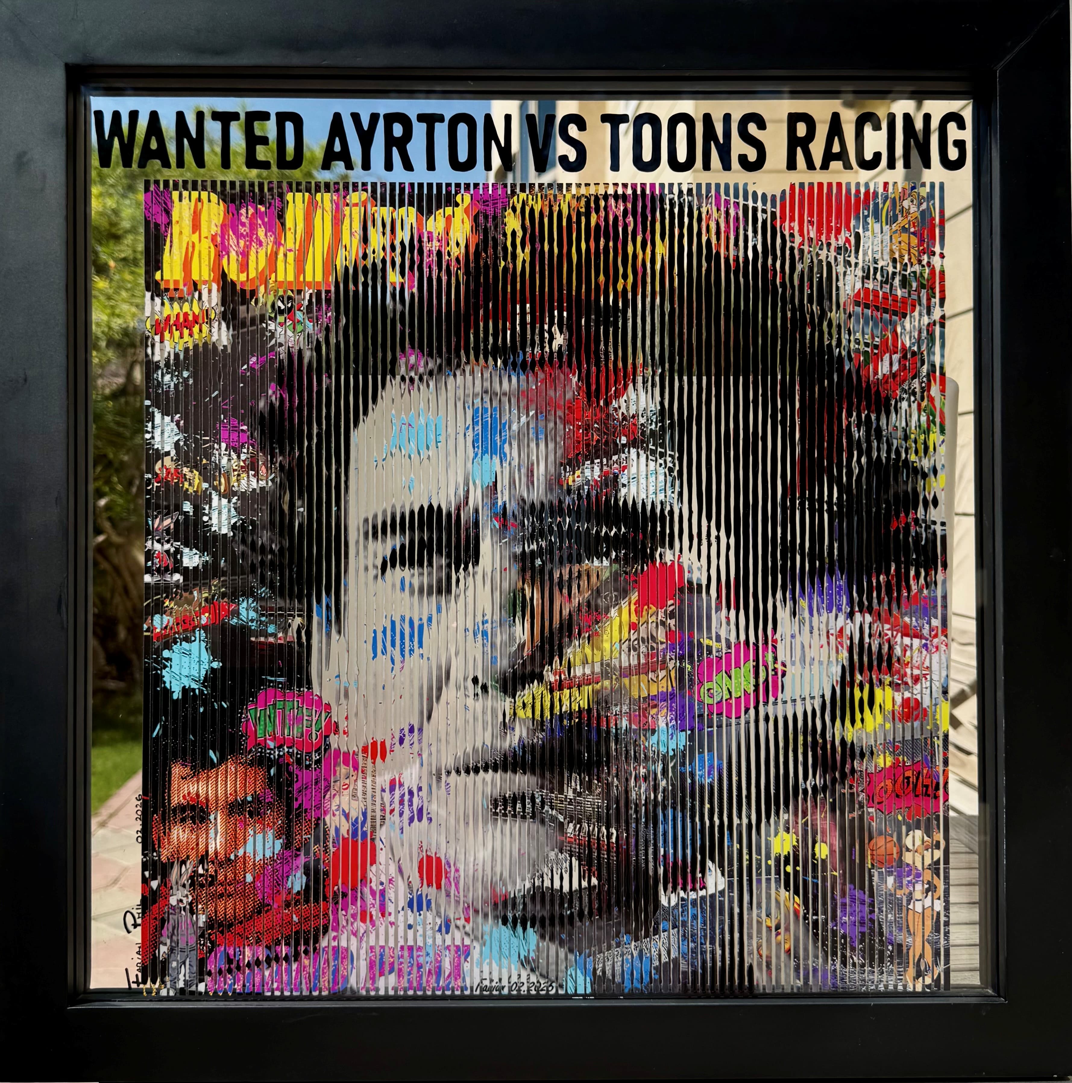 Ayrton Senna Formula 1 portrait with cartoon racing imagery in layered pop art by Fabian PhiL