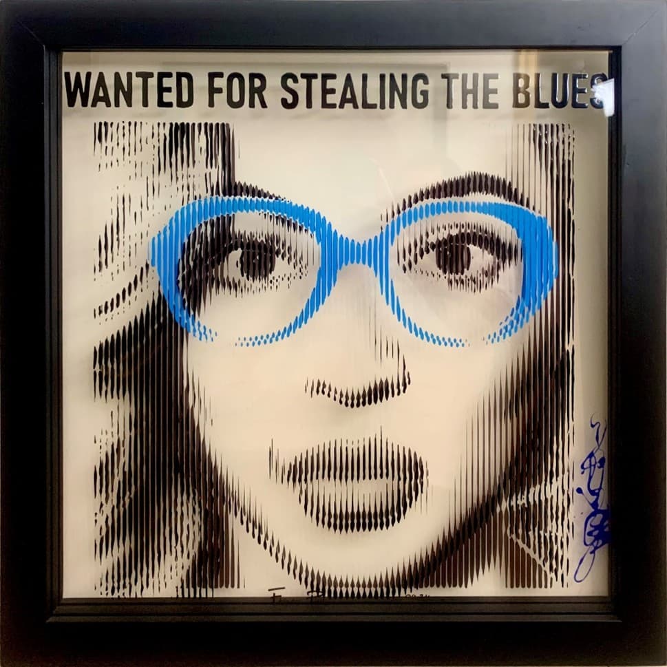 Singer Beyoncé portrayed with electric-blue glasses in Wanted for Stealing the Blues by Fabian PhiL