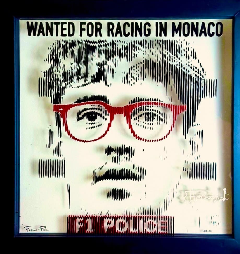 Charles Leclerc portrait in Wanted for Racing in Monaco, layered F1 pop art by Fabian PhiL