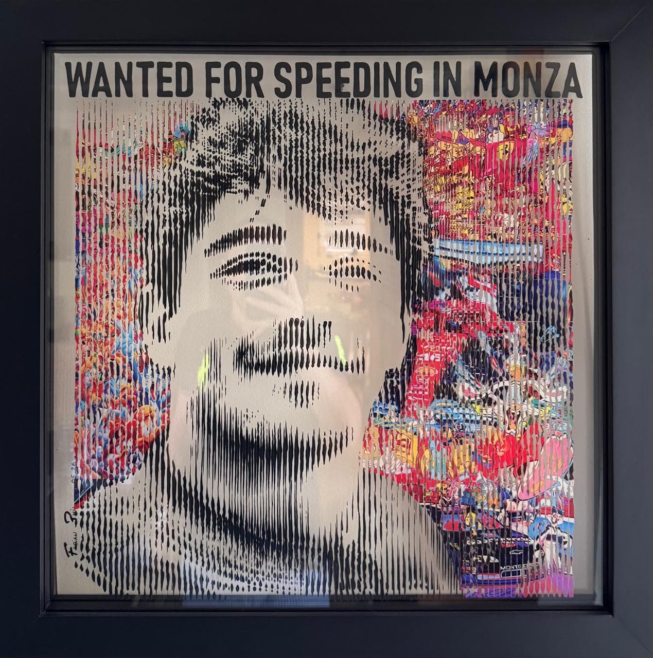 Charles Leclerc portrait in Wanted for Speeding in Monza, layered F1 pop art by Fabian PhiL