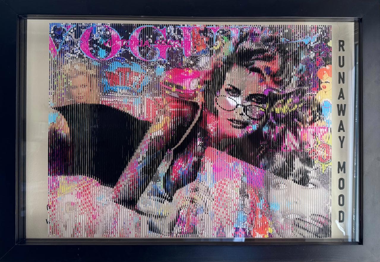 Claudia Schiffer fashion portrait with cartoons in Runaway Mood, layered pop art by Fabian PhiL