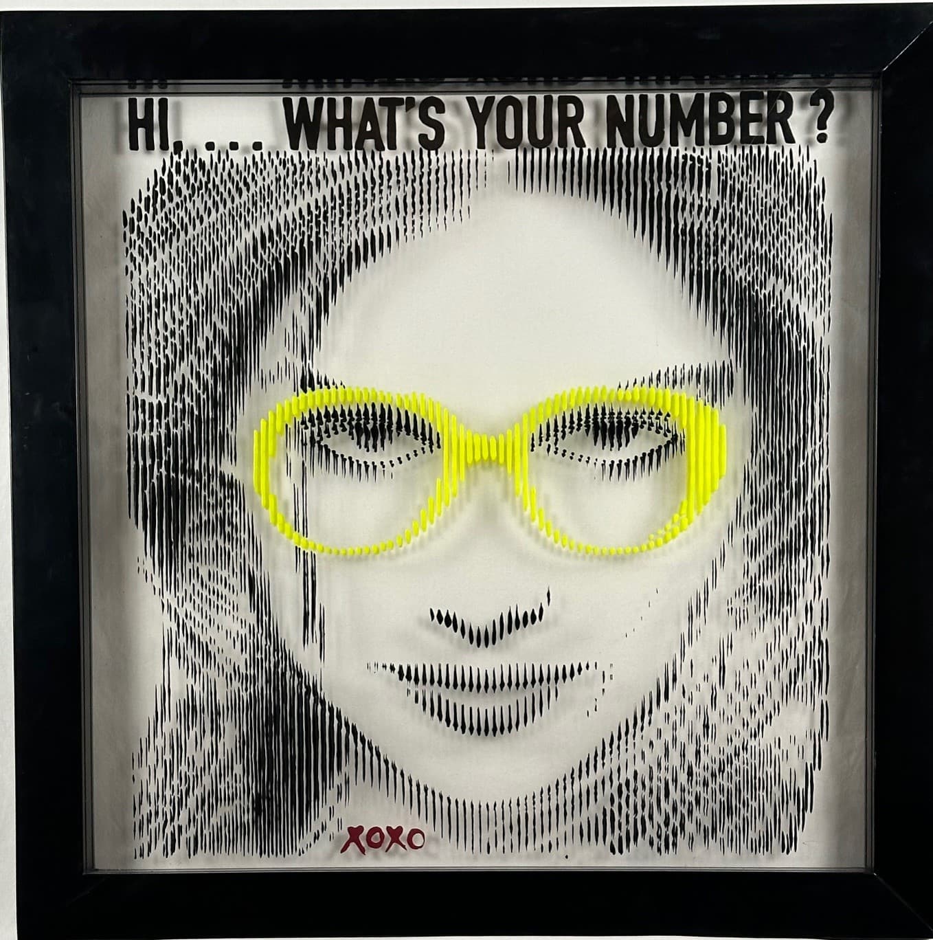 Laetitia Casta portrait with fluorescent yellow glasses in layered pop art by Fabian PhiL