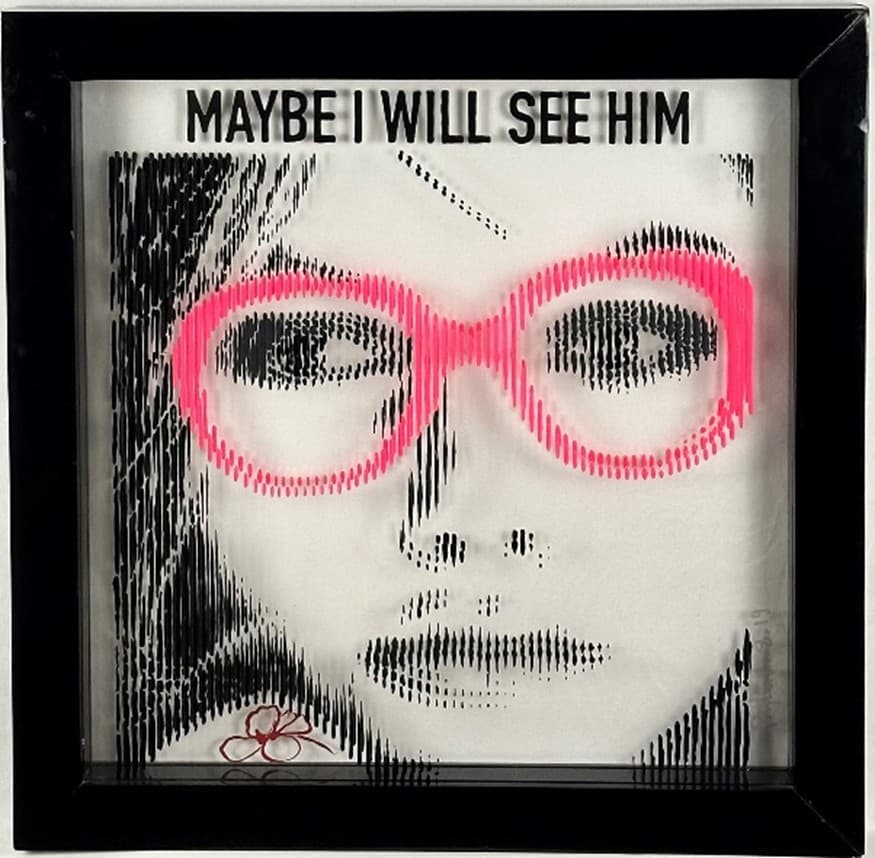 Maybe I will See Him, portrait with pink glasses and a waiting gaze on layered plexiglass by Fabian PhiL