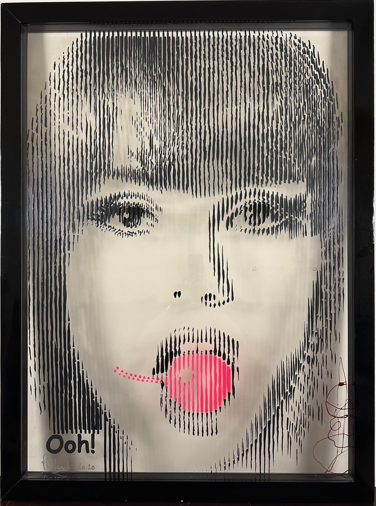 Ooh!, kinetic pop art portrait of a surprised face with a pink cherry at the open mouth, on layered plexiglass by Fabian PhiL
