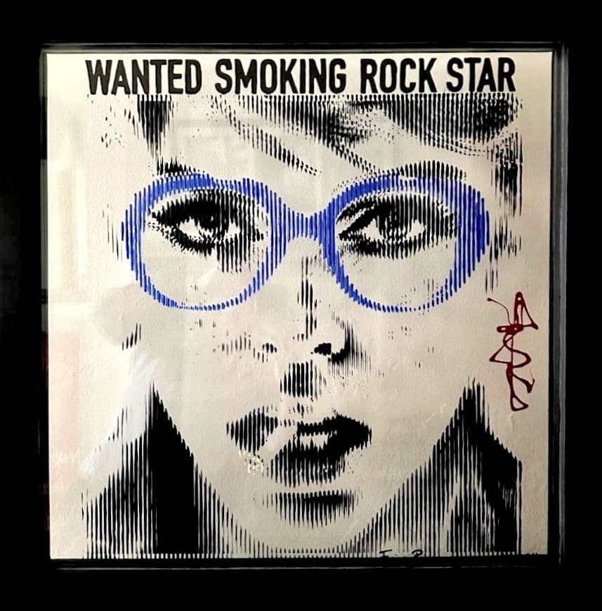 Wanted Smoking Rock Star, portrait with smoky eyes and deep blue glasses on layered plexiglass by Fabian PhiL