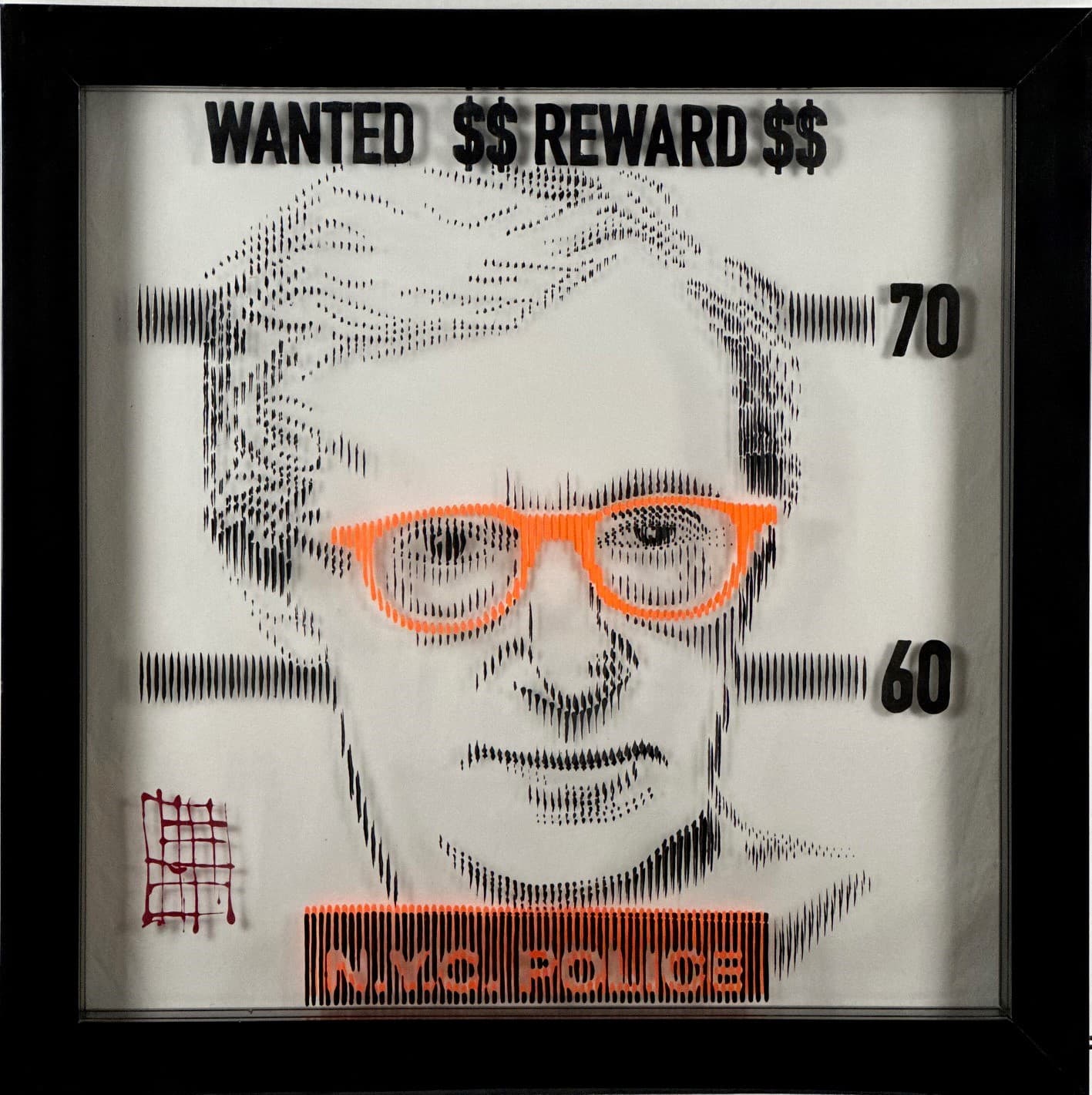 Woody Allen portrait in Wanted $$Reward$$, layered pop art on plexiglass by Fabian PhiL