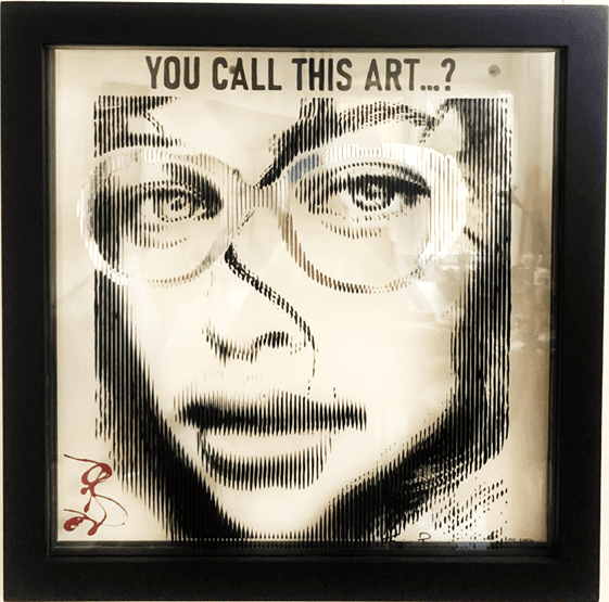 You Call This Art…?, portrait with fluorescent glasses and a direct gaze on layered plexiglass by Fabian PhiL
